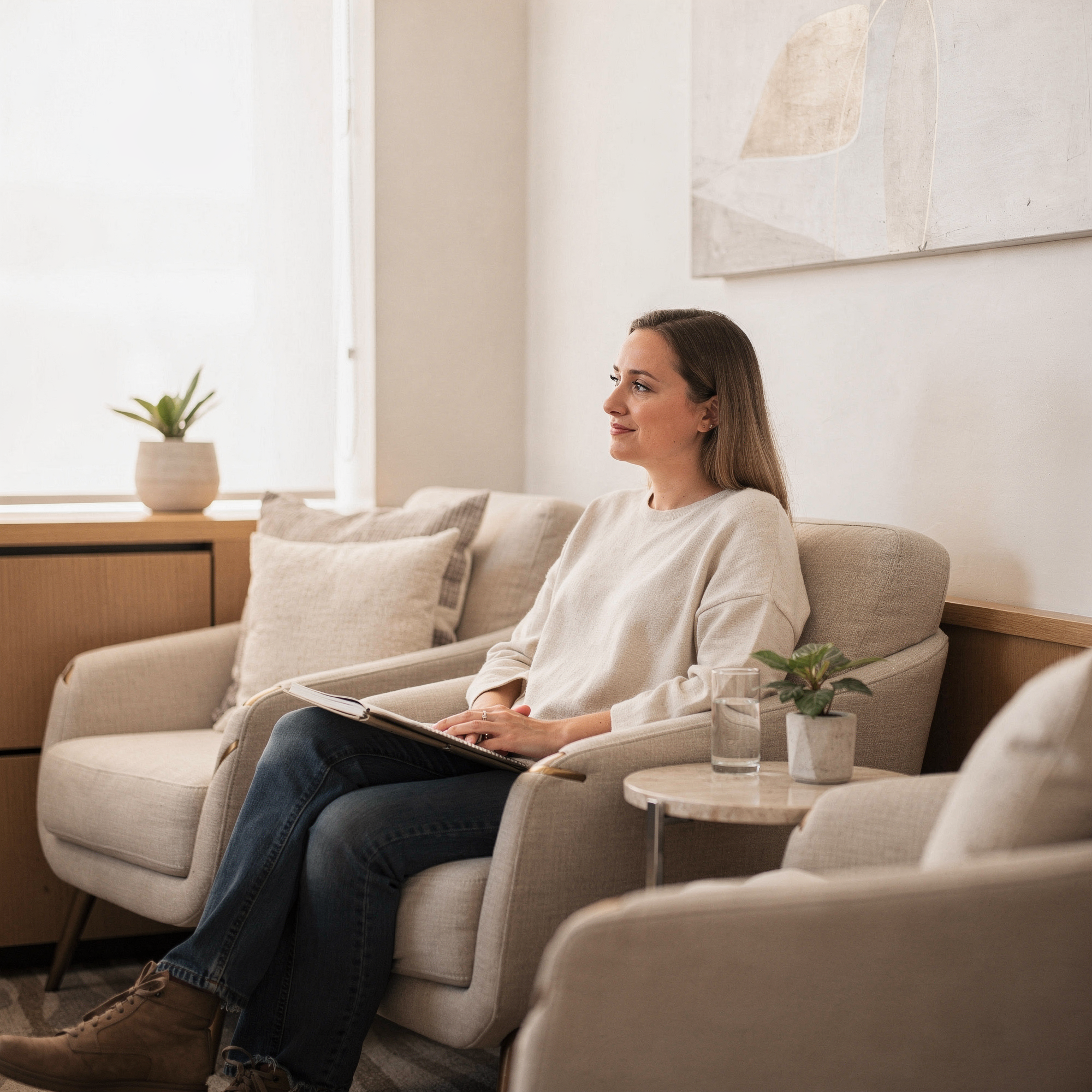 Woman sitting in a comfortable armchair holding a tablet in a calm, light-filled counseling room with plants and minimal décor